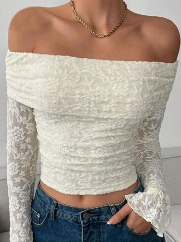 Womens Off Shoulder Blouse Lace Bell Sleeve Cropped Slim Fit Casual Chic in Saudi Arabia