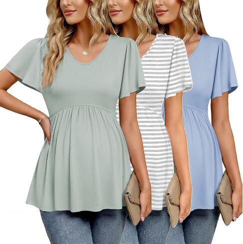 Ekouaer قمصان الأمومة 3 حزم تحلق قصيرة الأكمام قمم الأمومة الخامس الرقبة تي شيرت ملابس الحمل S-XXL in Kuwait