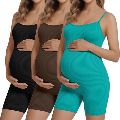 3 Pack Women's Maternity Ribbed Rompers Pregnancy Camis Shorts Sleeveless Tanks Spaghetti Strap Bodysuit Jumpsuit in Saudi Arabia