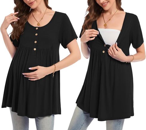 MONNURO Women's Plus Size Maternity Nursing Tops Short Sleeve Loose Fit Casual Tunics Breastfeeding Clothes in Saudi Arabia