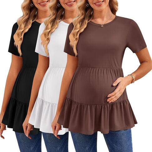Ekouaer 3 Pack قمصان الأمومة النسائية قصيرة الأكمام كشكش ملابس الحمل بلوزة بيبلوم بيبي دول بلايز عادية ماما تي شيرت in Saudi Arabia
