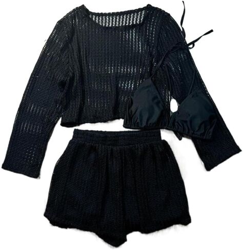 Long Sleeve Hollow Knit Swimsuit Cover Up Set with Bra and Shorts for Women(L,Black) in Saudi Arabia