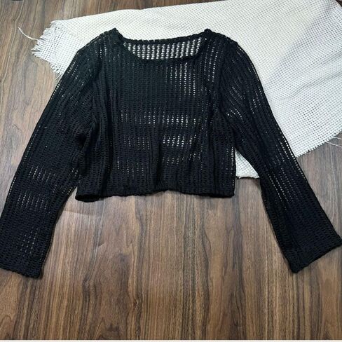 Long Sleeve Hollow Knit Swimsuit Cover Up Set with Bra and Shorts for Women(L,Black) in Saudi Arabia