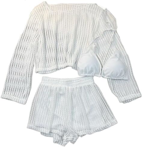 Long Sleeve Hollow Knit Swimsuit Cover Up Set with Bra and Shorts for Women(L,Black) in Saudi Arabia