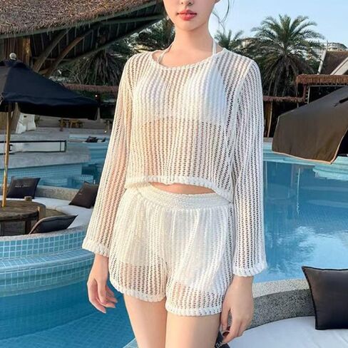 Long Sleeve Hollow Knit Swimsuit Cover Up Set with Bra and Shorts for Women(L,Black) in Saudi Arabia