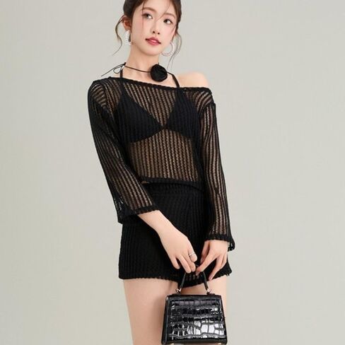Long Sleeve Hollow Knit Swimsuit Cover Up Set with Bra and Shorts for Women(L,Black) in Saudi Arabia