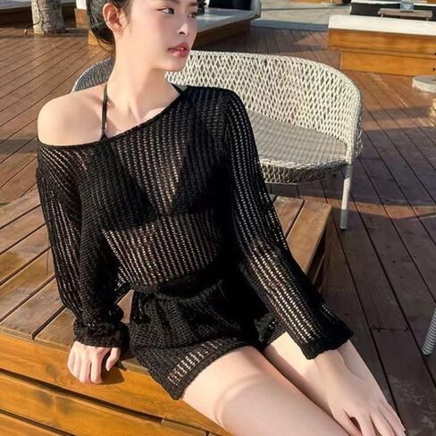 Long Sleeve Hollow Knit Swimsuit Cover Up Set with Bra and Shorts for Women(L,Black) in Saudi Arabia