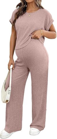 BLENCOT Maternity Clothes Ribbed Short Sleeve Maternity Pajamas Sets Sleepwear Lounge 2 Piece Matching Outfits Set in Saudi Arabia