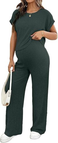 BLENCOT Maternity Clothes Ribbed Short Sleeve Maternity Pajamas Sets Sleepwear Lounge 2 Piece Matching Outfits Set in Saudi Arabia