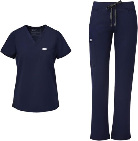 مجموعة FIGS Catarina Top & Kade Cargo Pants للنساء - رقبة كلاسيكية على شكل حرف V، بنطلون ساق مستقيمة، مضاد للتجاعيد، تمدد في 4 اتجاهات in Saudi Arabia