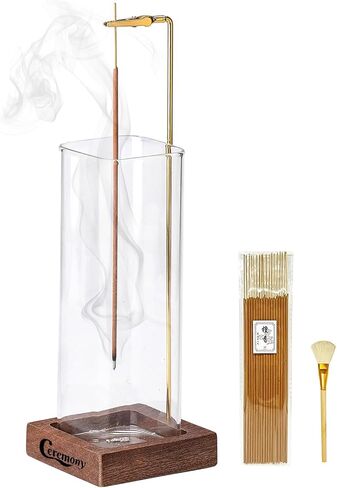 Ceremony Incense Holder, Wooden Incense Holder for Sticks with Glass Ash Catcher, Anti-ash Incense Burner with 20 Incense Sticks and a Ash Brush for Meditation Yoga Spa Room Decor in Saudi Arabia
