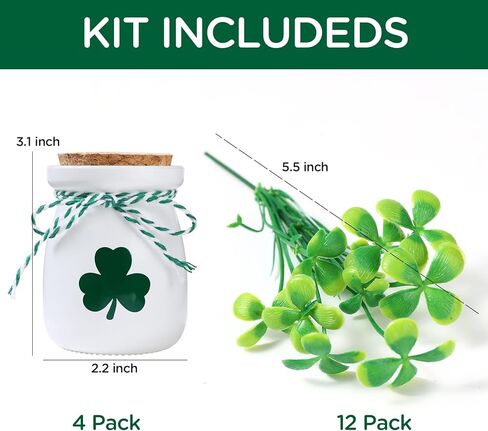 زينة يوم القديس باتريك - 4 قطع برطمانات صغيرة لعيد القديس باتريك مع مزهريات شامروك صناعية - مزهريات صغيرة لديكور طاولة المطبخ في يوم القديس باتريك in Kuwait