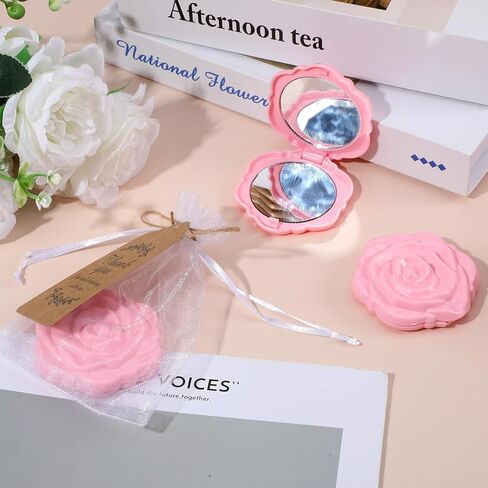 24 Set of Rose Compact Mirrors Quinceanera Wedding Party Favors Including Rose Shape Mirrors and Thank You Tags with White Organza Bags for Quinceanera, Wedding Party Guests Souvenir Gift in Saudi Arabia