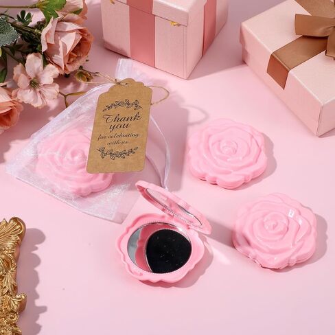24 Set of Rose Compact Mirrors Quinceanera Wedding Party Favors Including Rose Shape Mirrors and Thank You Tags with White Organza Bags for Quinceanera, Wedding Party Guests Souvenir Gift in Saudi Arabia