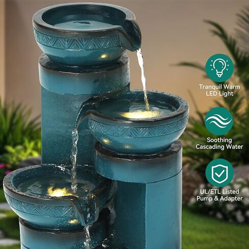 نافورة مياه خارجية بقاعدة بارتفاع 19.3 بوصة مع أضواء LED ومضخة، وميزة المياه المتتالية من 4 طبقات، وشلال Tranuil للاسترخاء في الحديقة، أو الفناء، أو الفناء، أو الشرفة، باللون الفيروزي، مع لمسة نهائية من السيراميك الصناعي in Kuwait