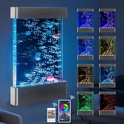 لوحة مياه جدارية فقاعية حسية LED - لوحة مثبتة على الحائط من الفولاذ المقاوم للصدأ مقاس 24 بوصة × 16 بوصة مع سمكة عائمة وأضواء متغيرة الألوان وجهاز تحكم عن بعد وتطبيق للغرف الحسية ومساحات العلاج in Kuwait