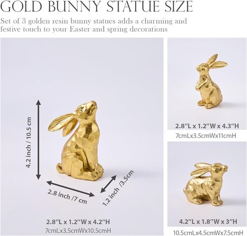 3 زخارف أرنب عيد الفصح الذهبية، تمثال أرنب من الراتنج، تماثيل أرنب صغيرة مزخرفة لقطعة الطاولة المركزية في الأماكن المغلقة لتزيين عيد الفصح في الربيع in Kuwait