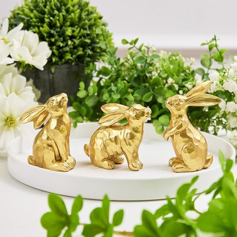 3 زخارف أرنب عيد الفصح الذهبية، تمثال أرنب من الراتنج، تماثيل أرنب صغيرة مزخرفة لقطعة الطاولة المركزية في الأماكن المغلقة لتزيين عيد الفصح في الربيع in Kuwait