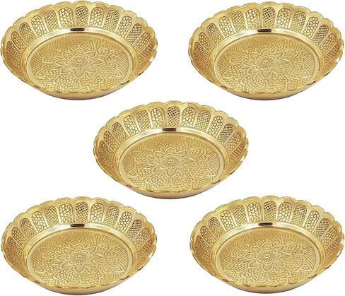 Shubhkart Brass Engraved Nakshi Plate Set 11 cm (Pack of 5) – Indian Decorative Ritual Plates for Puja, Meditation & Festive Décor | Traditional Hindu Offering Plates for Home Altar & Cultural Gifting in Saudi Arabia