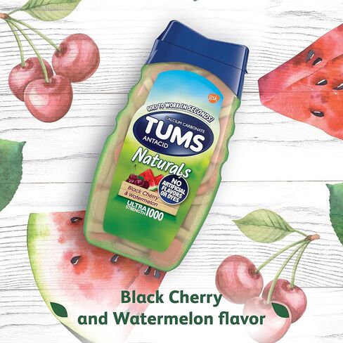 TUMS Naturals Ultra Strength Antacid Chews for Heartburn Relief, Black Cherry & Watermelon - 190 Count in Kuwait