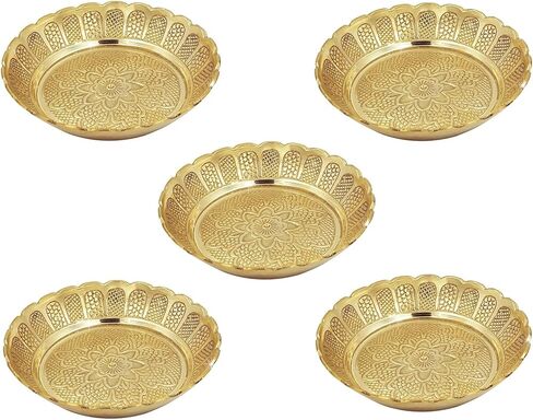 Shubhkart Brass Engraved Nakshi Plate Set 11 cm (Pack of 5) – Indian Decorative Ritual Plates for Puja, Meditation & Festive Décor | Traditional Hindu Offering Plates for Home Altar & Cultural Gifting in Saudi Arabia