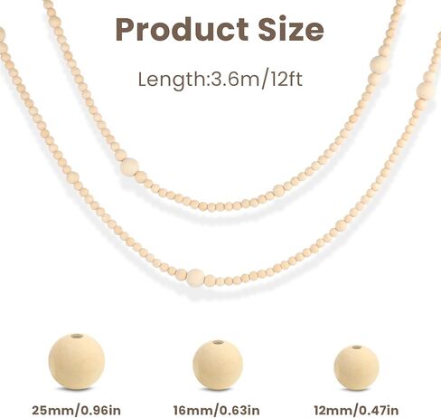 2PCS Christmas Wood Beads Garland 24 Feet Wooden Bead Garland Boho Ornaments for Christmas Tree, Xmas Vintage Rustic Farmhouse Round Craft Bead Hanging Holiday Decorations(12 Feet/1Pcs) in Kuwait