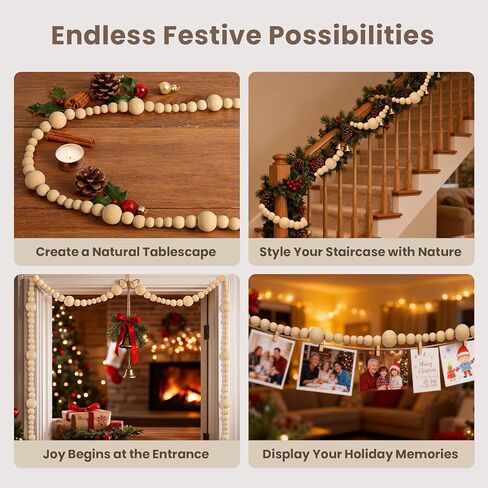 2PCS Christmas Wood Beads Garland 24 Feet Wooden Bead Garland Boho Ornaments for Christmas Tree, Xmas Vintage Rustic Farmhouse Round Craft Bead Hanging Holiday Decorations(12 Feet/1Pcs) in Kuwait