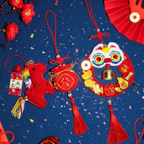 Handmade Crochet Lion Dance Ring Tassel Hanging Ornament Chinese New Year Decorations 2026 - Knitted Pendant for Home Office Spring Festival Decor Gift & Car Rearview Mirror Accessories in Saudi Arabia