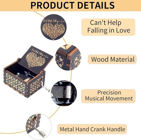 Music Box Romantic Valentines Day Gift for Her Him, Antique Laser Engraved I Can't Help to Falling in Love with You Hand Cranked Musical Box for Women Wedding,Anniversary,Birthday in Saudi Arabia
