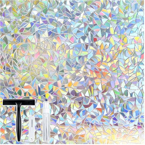 rabbitgoo Window Privacy Film Stained Glass Rainbow 3D Prism Decorative Iridescent Window Sticker Static Cling Suncatcher UV Protection for Home Heat Control, 17.5" x 78.7" in Saudi Arabia