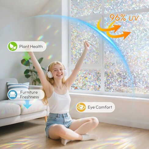 rabbitgoo Window Privacy Film Stained Glass Rainbow 3D Prism Decorative Iridescent Window Sticker Static Cling Suncatcher UV Protection for Home Heat Control, 17.5" x 78.7" in Saudi Arabia