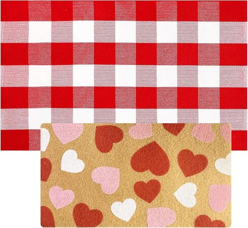 2PCS عيد الحب جوز الهند ترحيب ممسحة الباب الأمامي عدم الانزلاق ممسحة القلب عيد الحب الأحمر والأبيض الجاموس منقوشة البساط في الهواء الطلق للمنزل، الحمام، المطبخ، وديكور مدخل الشرفة الأمامية in Kuwait