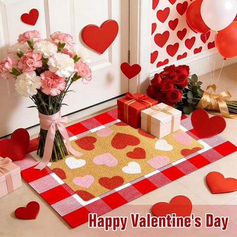 2PCS عيد الحب جوز الهند ترحيب ممسحة الباب الأمامي عدم الانزلاق ممسحة القلب عيد الحب الأحمر والأبيض الجاموس منقوشة البساط في الهواء الطلق للمنزل، الحمام، المطبخ، وديكور مدخل الشرفة الأمامية in Kuwait