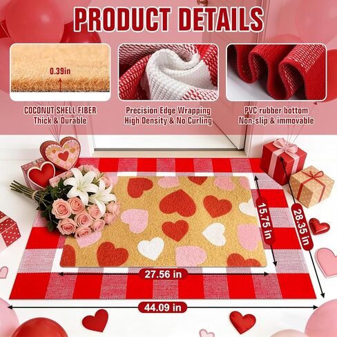 2PCS عيد الحب جوز الهند ترحيب ممسحة الباب الأمامي عدم الانزلاق ممسحة القلب عيد الحب الأحمر والأبيض الجاموس منقوشة البساط في الهواء الطلق للمنزل، الحمام، المطبخ، وديكور مدخل الشرفة الأمامية in Kuwait
