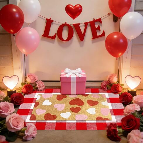 2PCS عيد الحب جوز الهند ترحيب ممسحة الباب الأمامي عدم الانزلاق ممسحة القلب عيد الحب الأحمر والأبيض الجاموس منقوشة البساط في الهواء الطلق للمنزل، الحمام، المطبخ، وديكور مدخل الشرفة الأمامية in Kuwait