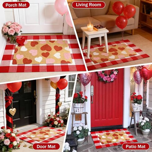 2PCS عيد الحب جوز الهند ترحيب ممسحة الباب الأمامي عدم الانزلاق ممسحة القلب عيد الحب الأحمر والأبيض الجاموس منقوشة البساط في الهواء الطلق للمنزل، الحمام، المطبخ، وديكور مدخل الشرفة الأمامية in Kuwait