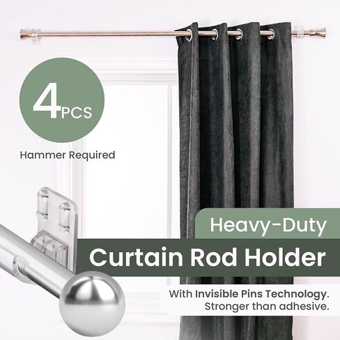 No Adhesive Heavy Duty Curtain Rod Holders with Wide Hook, 5X Stronger Than Adhesive Curtain Rod Hooks,Tension Curtain Rod Bracket for Wall with Pin Guide, Curtain Wall Mount (4 Pack, for 0.75" Rods) in Saudi Arabia