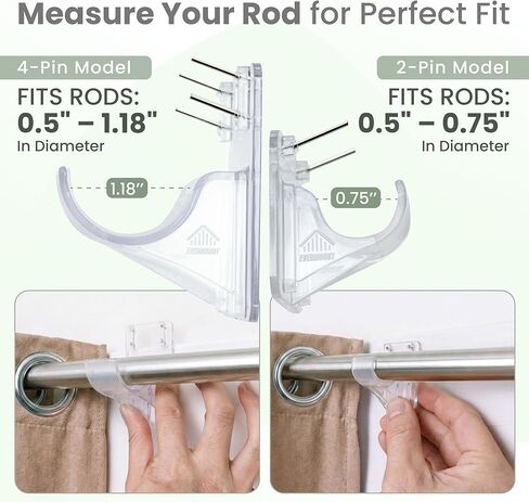 No Adhesive Heavy Duty Curtain Rod Holders with Wide Hook, 5X Stronger Than Adhesive Curtain Rod Hooks,Tension Curtain Rod Bracket for Wall with Pin Guide, Curtain Wall Mount (4 Pack, for 0.75" Rods) in Saudi Arabia