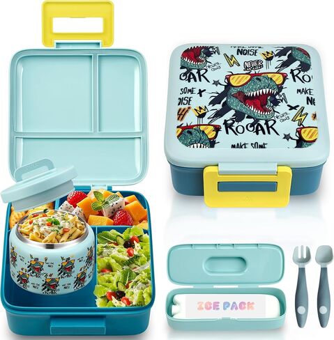 Bento Lunch Box for Kids with 8oz Soup Thermo Leak-Proof Lunch Food Containers with Snack Sauce Container for Kid Girls Boys to School, Blue in Kuwait