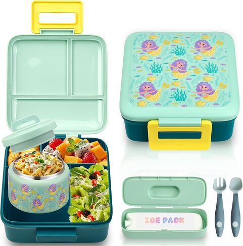 Bento Lunch Box for Kids with 8oz Soup Thermo Leak-Proof Lunch Food Containers with Snack Sauce Container for Kid Girls Boys to School, Blue in Kuwait