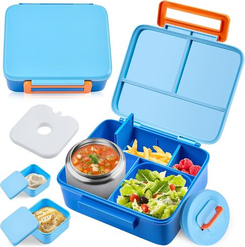 Bento Lunch Box for Kids with 8oz Soup Thermo Leak-Proof Lunch Food Containers with Snack Sauce Container for Kid Girls Boys to School, Blue in Kuwait
