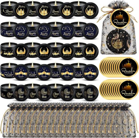 مجموعة MTLEE 20 شمعة معطرة لرمضان مبارك مع حقيبة الأورجانزا وبطاقات هدايا رمضان، شموع العيد، شموع معطرة إسلامية خفيفة هدايا للحفلات الإسلامية للمنزل الإسلامي وديكور العطلات (ذهبي) in Saudi Arabia