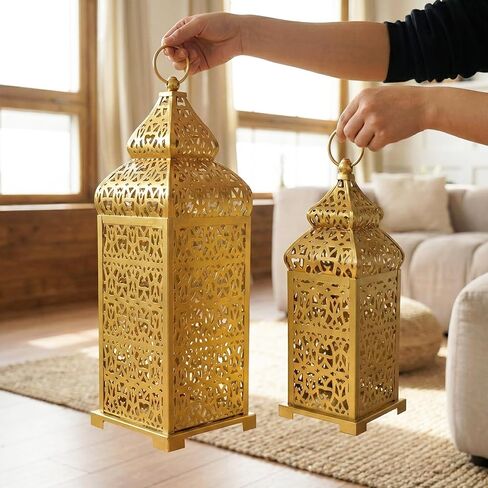 حوامل شموع مزخرفة لمصباح الفانوس المغربي من فيلا لانترنز لتزيين رمضان، معلقة، فناء خارجي أو شرفة، ديكور منزلي داخلي، ذهبي، مجموعة من 2 (طول 11 بوصة و15 بوصة) in Kuwait