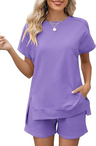 LOMON Womens Fashion 2 Piece Outfits Sweatsuits 2025 Summer Short Sleeve Loungewear Tracksuit Round Neck Lounge Shorts Sets in Saudi Arabia