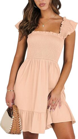 ANRABESS Womens Summer Casual Sleeveless Square Neck Smocked Ruffle Backless Boho Short Mini Dress in Saudi Arabia