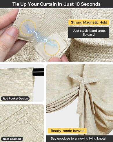 ستائر LazBlinds مربوطة، ستائر كتان معزولة حراريًا للخصوصية، ستارة نافذة الحمام ذات الظل الروماني، ستارة جيب قضيب قابلة للتعديل للمطبخ، غرفة المعيشة، غرفة النوم (31 بوصة عرض × 47 بوصة طول، طبيعي) in Kuwait