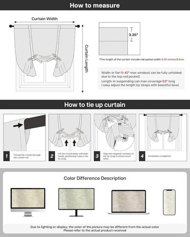ستائر LazBlinds مربوطة، ستائر كتان معزولة حراريًا للخصوصية، ستارة نافذة الحمام ذات الظل الروماني، ستارة جيب قضيب قابلة للتعديل للمطبخ، غرفة المعيشة، غرفة النوم (31 بوصة عرض × 47 بوصة طول، طبيعي) in Kuwait