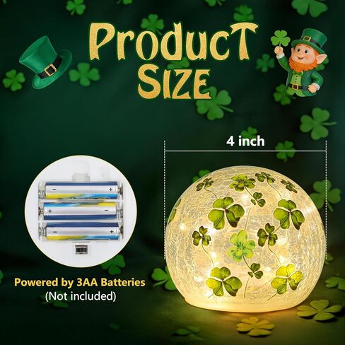 زينة عيد القديس باتريك، مجموعة من 2 مصباح كروي زجاجي مضيء مع مؤقت، أضواء ليلية على شكل كرة البرسيم الأخضر للمنزل قطع مركزية للطاولة الداخلية، رف، ديكور الحفلات الاحتفالية in Kuwait