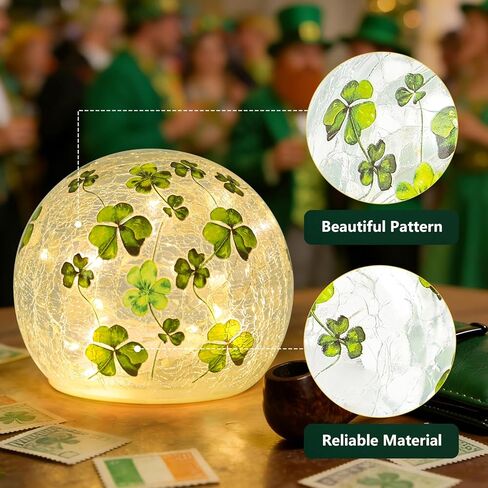 زينة عيد القديس باتريك، مجموعة من 2 مصباح كروي زجاجي مضيء مع مؤقت، أضواء ليلية على شكل كرة البرسيم الأخضر للمنزل قطع مركزية للطاولة الداخلية، رف، ديكور الحفلات الاحتفالية in Kuwait