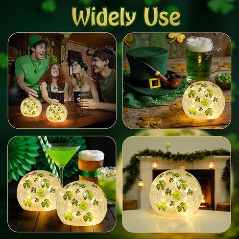 زينة عيد القديس باتريك، مجموعة من 2 مصباح كروي زجاجي مضيء مع مؤقت، أضواء ليلية على شكل كرة البرسيم الأخضر للمنزل قطع مركزية للطاولة الداخلية، رف، ديكور الحفلات الاحتفالية in Kuwait